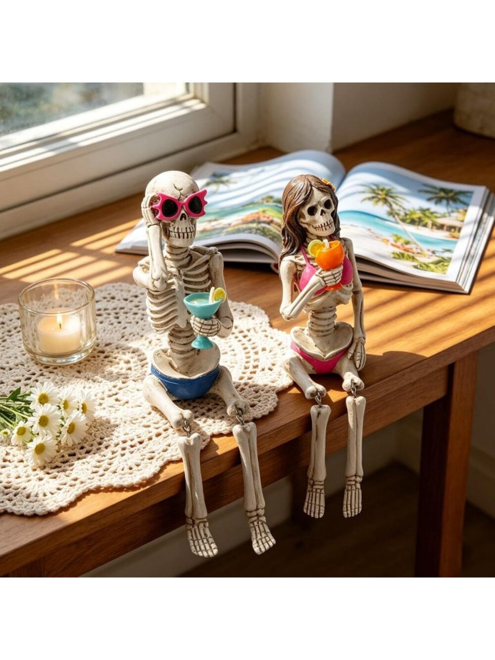 Skeleton With Sunglass Summer Ween Couple Figurine Coastal Beach Halloween Décor